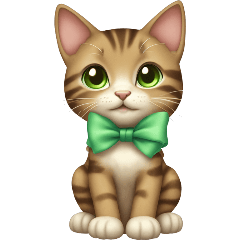 extremely cute kawaii brown tabby girl kitten with green eyes and pastel green bow full body emoji