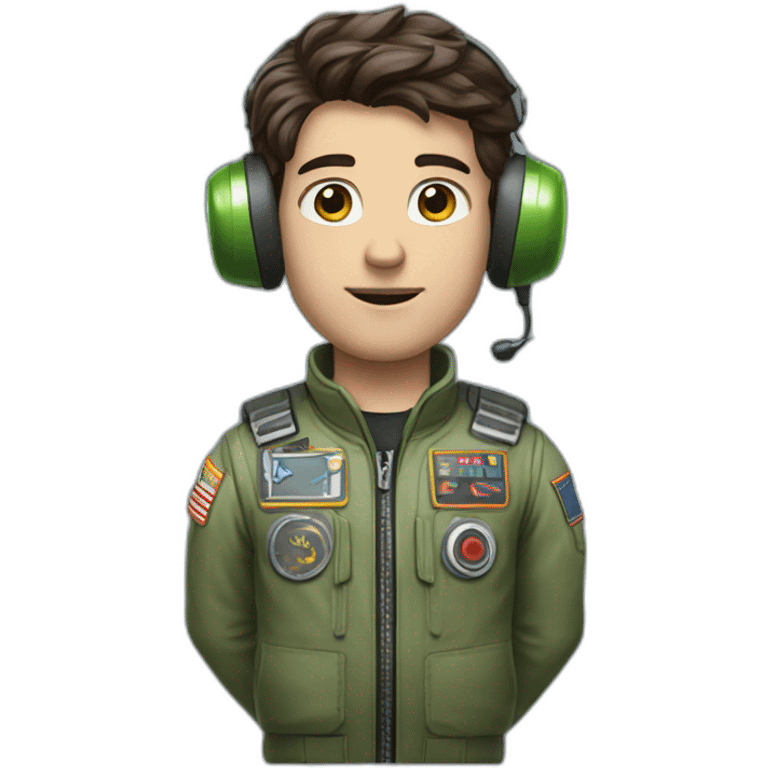 A young white male tennager with dark brown hair and brown eyes in a pilot suit and wearing a green Pilot headset emoji