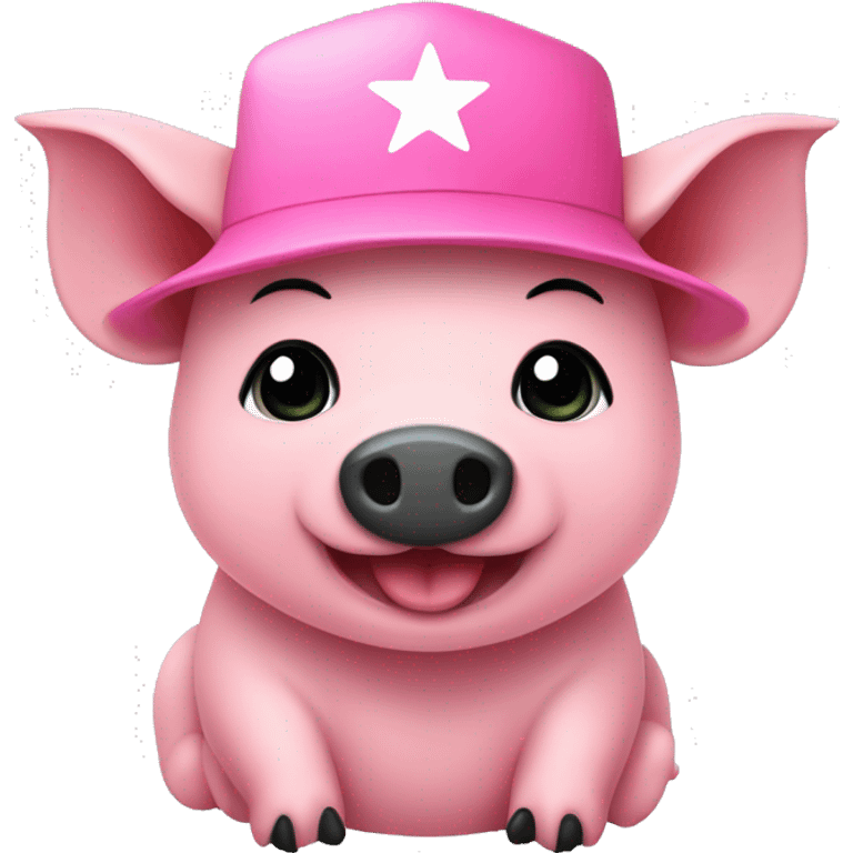 Un cerdito rosa con una gorra negra y feliz emoji