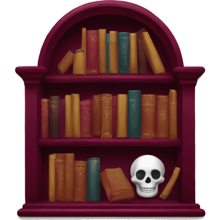 maroon bookshelf with candlestick and skull emoji