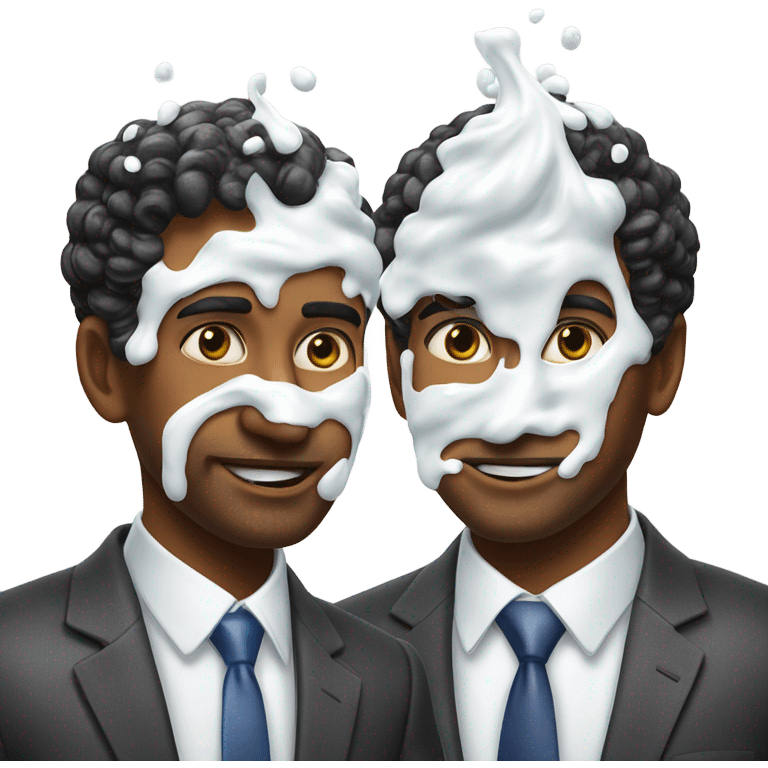 Two men covered in yogurt wearing suits with yogurt on their head, and more yogurt on their suits emoji