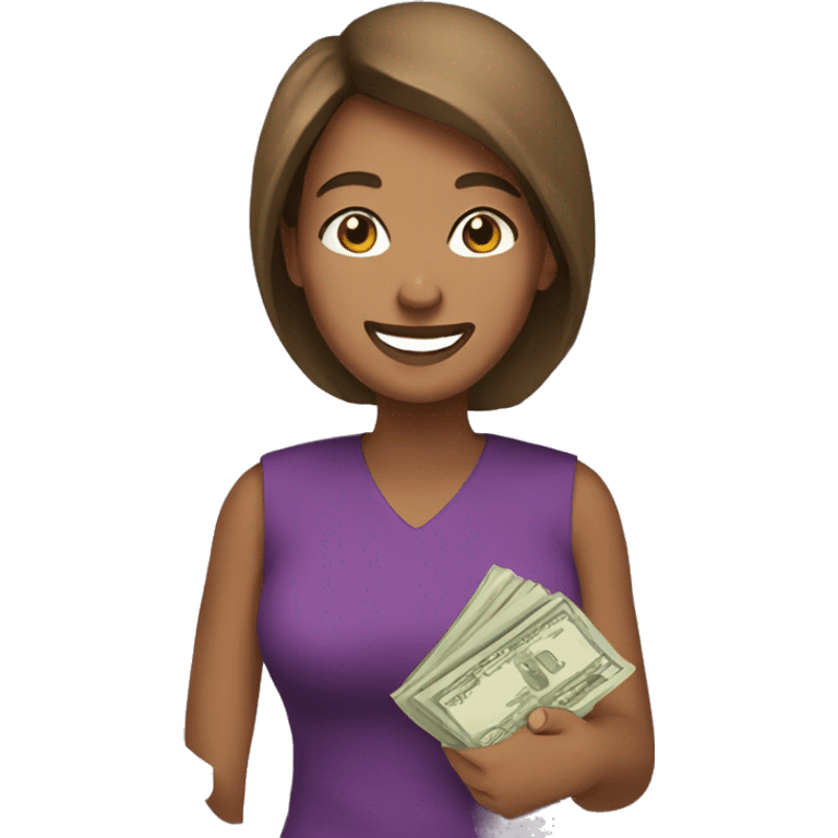 tan woman emoji with purple shirt and brown hair holding money and smiling emoji