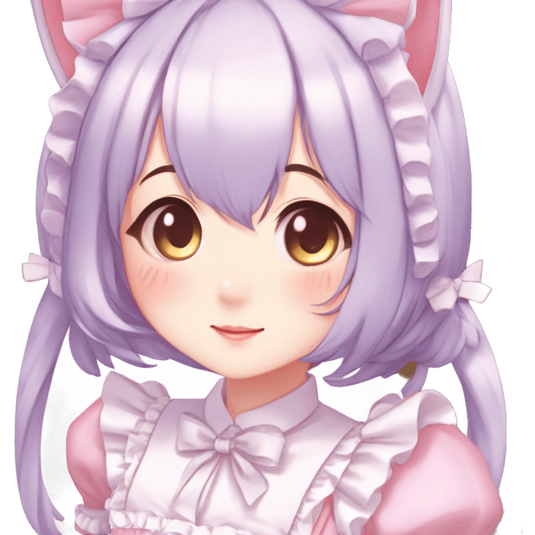 Gorgeous anime style catgirl blushing face maid outfit Lolita idol model colorful shiny sparkle kawaii pastelcore cottagecore pearly petite simplistic aesthetic trending style emoji