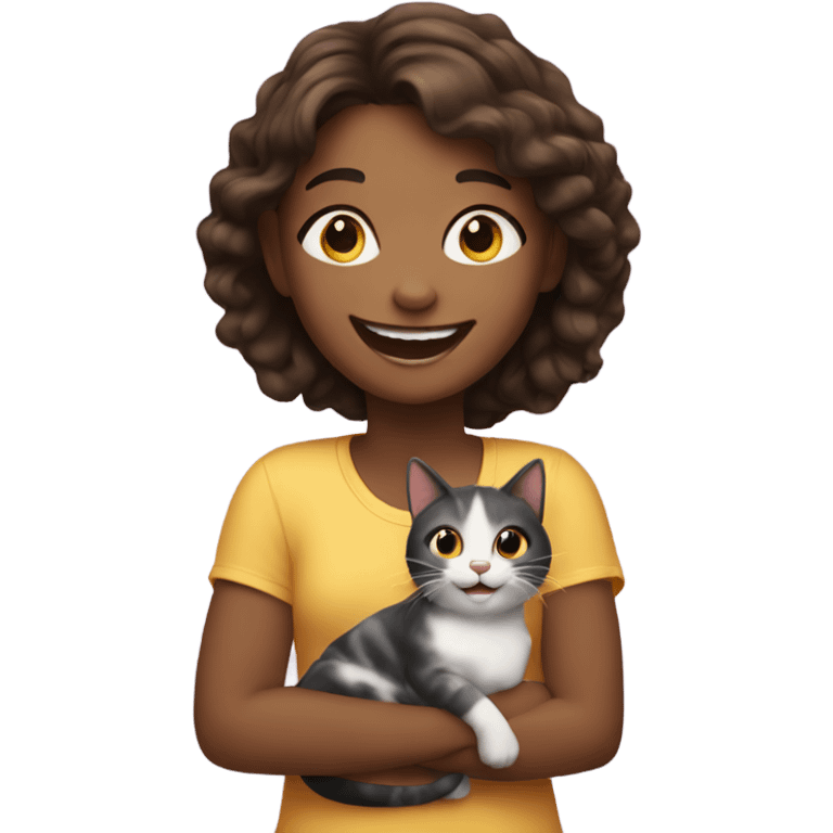 happy girl with pet cat emoji