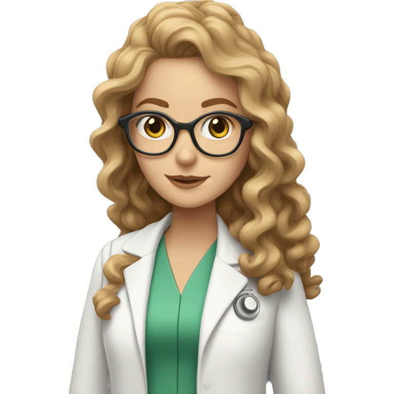 White girl with green eyes and light brown curly long hair with glasses in a dr white coat emoji