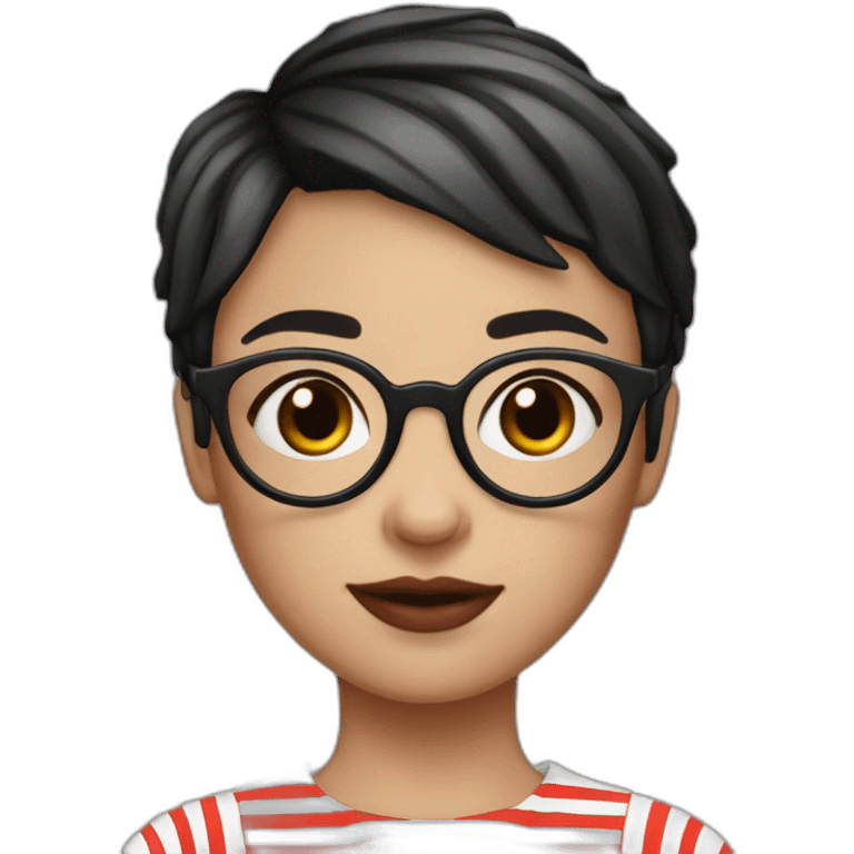 black red short hair girl circle glasses, white stripped shirt emoji