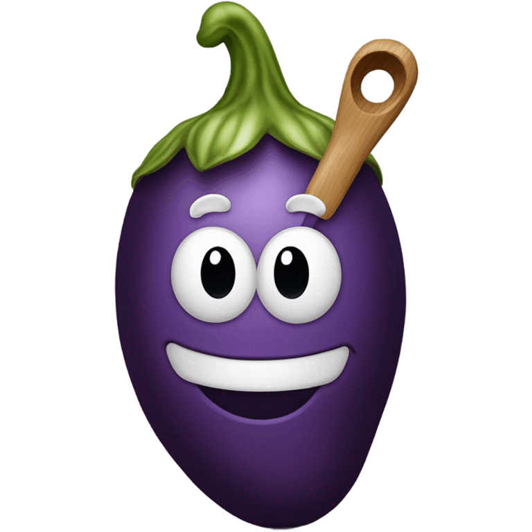 Eggplant with stem wearing chef’s hat holding spoon emoji