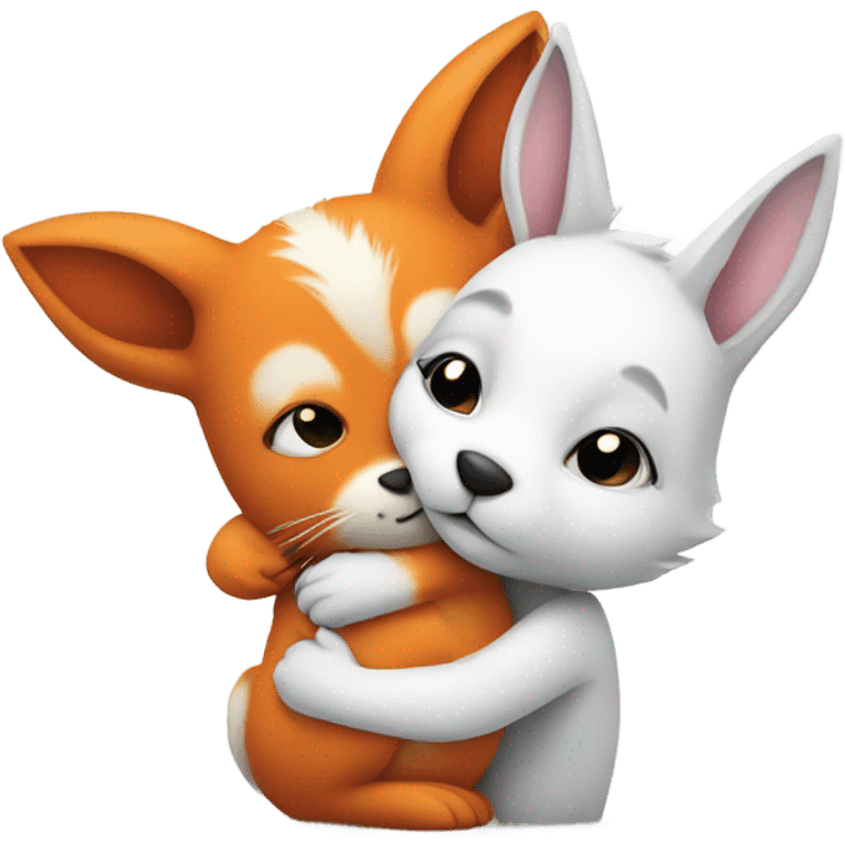 white small bunny and fox hugging emoji