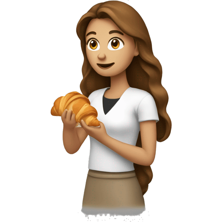 Woman with long brown hair is eating croissant emoji