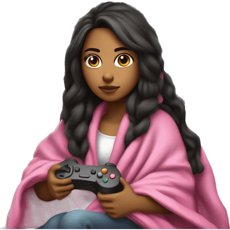 Olive skinned girl with long dark hair wrapped up in a blanket sitting on a couch with a pink gaming controller in her hands emoji