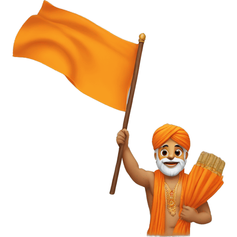 hindu guy having a saffron flag in hand, saying jai shri ram with joy  emoji