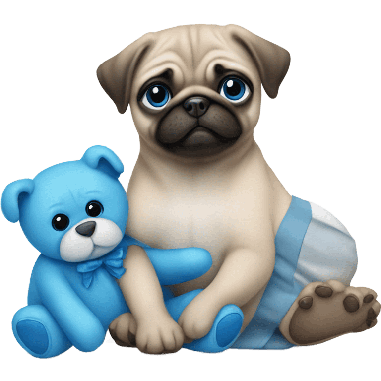 Baby pug with big blue eyes hugging a blue teddy bear  emoji