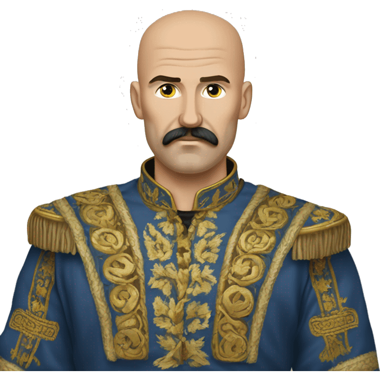 a Cossack warrior, The Cossack has a shaved head and a long strand of hair on one side. He has a thick, curved mustache and wears a gold earring in his left ear. He is wearing a simple Ukrainian embroidered shirt emoji