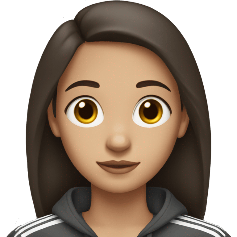 a dark brown haired girl with dark brown eyes wearing an adidas sweater emoji