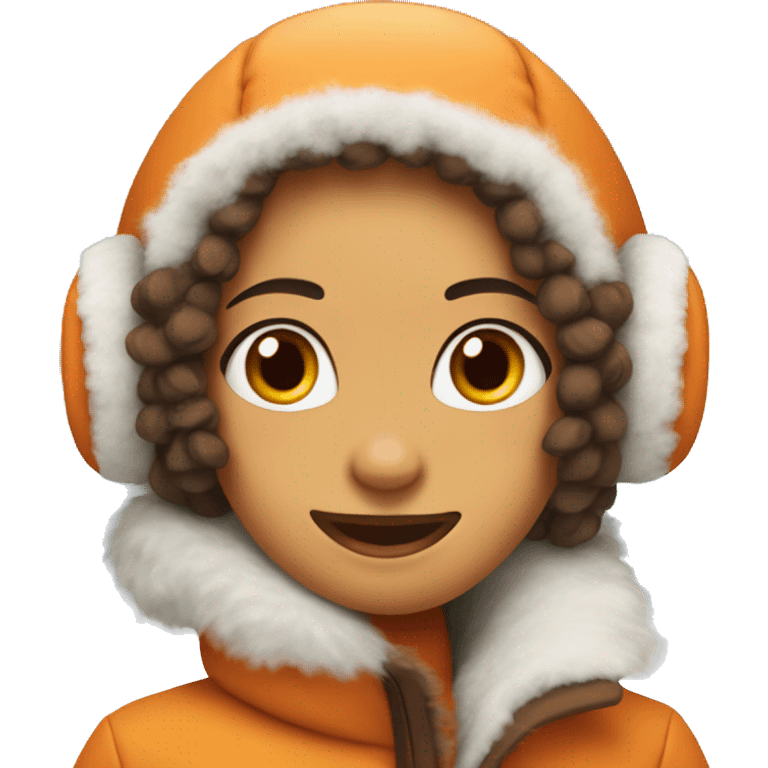 Orange front with brown with fuzzy white ear muffs striking features female winter in snow   emoji