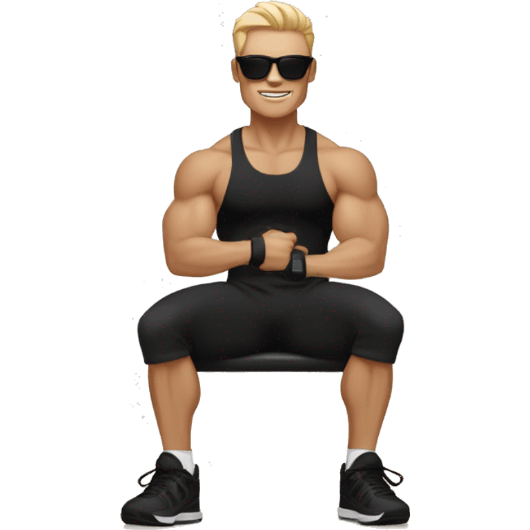 A man sit in the gym and wear black lower black shoes black t shirt black sunglasses and hold gym dumbles and skin colour is white  emoji