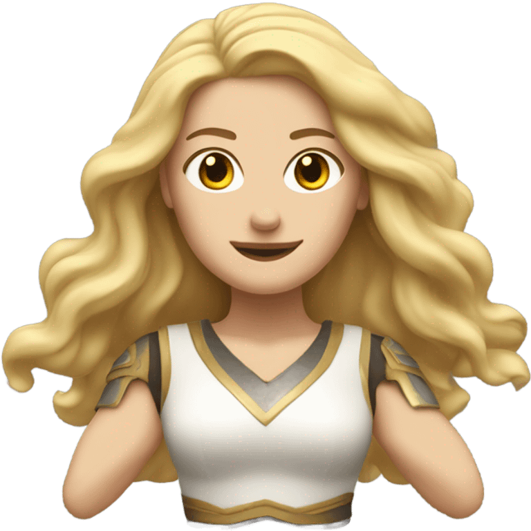 White woman, long hair, blonde hair, wavy hair, warrior 2 pose emoji