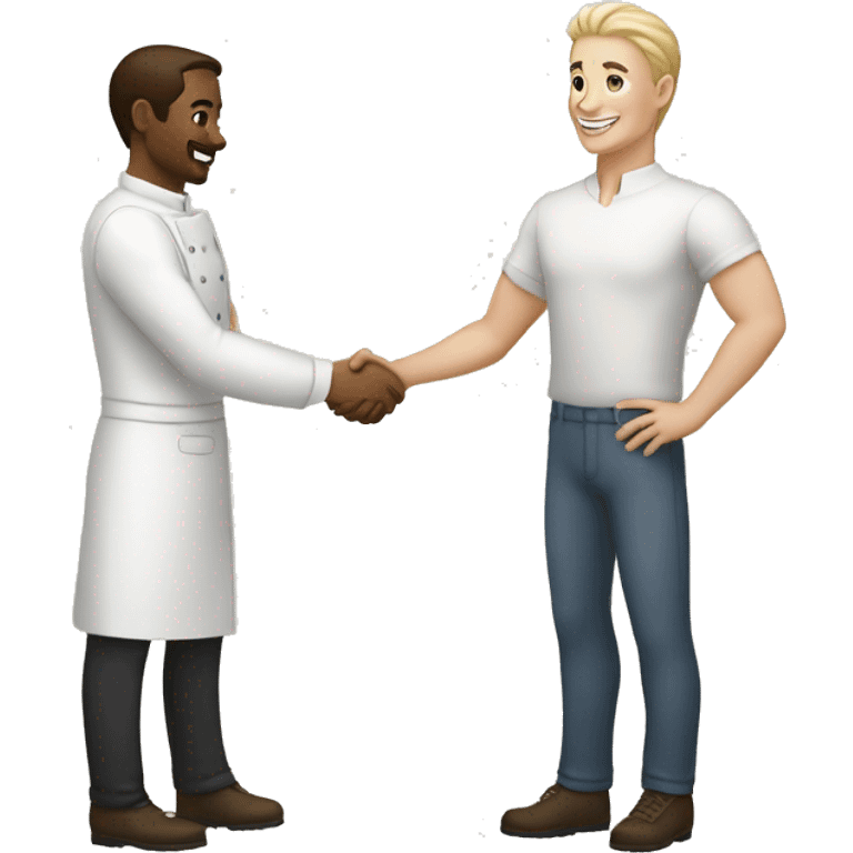 restaurant owner with white skin, and blogger with white skin, shaking hands in great detail emoji