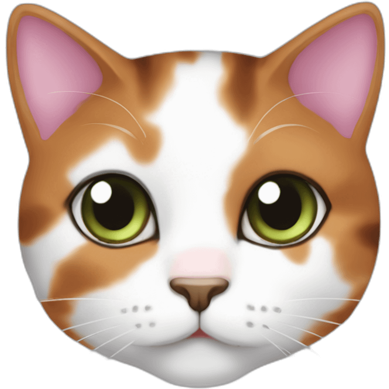 young calico cat face with a pink nose, white chin, green eyes, and orange/brown markings and little dark brown stripes emoji