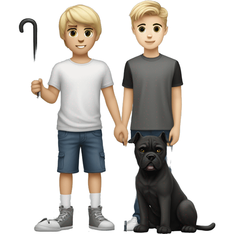 young white kid with justin beiber hairstyle standing alongside a black cane-corso emoji