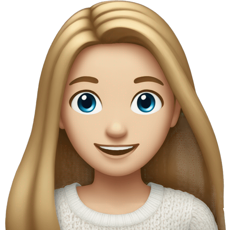  girl with long straight light-brown hair, blue eyes, wearing a white knitted top, ((cheerful, laugh)) emoji