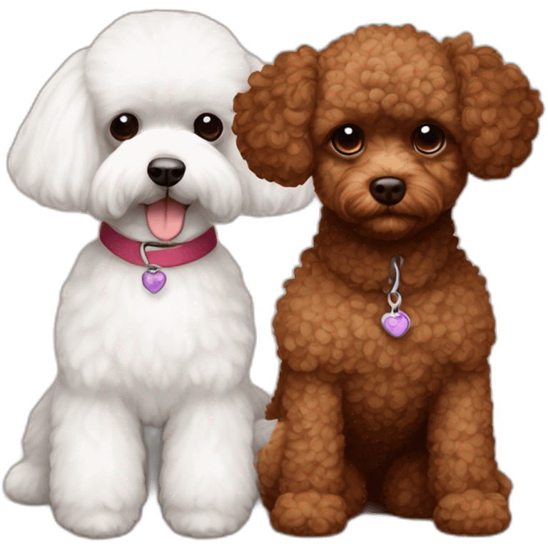 Brown toy poodle with teddy bear haircut next to an all white Maltese emoji