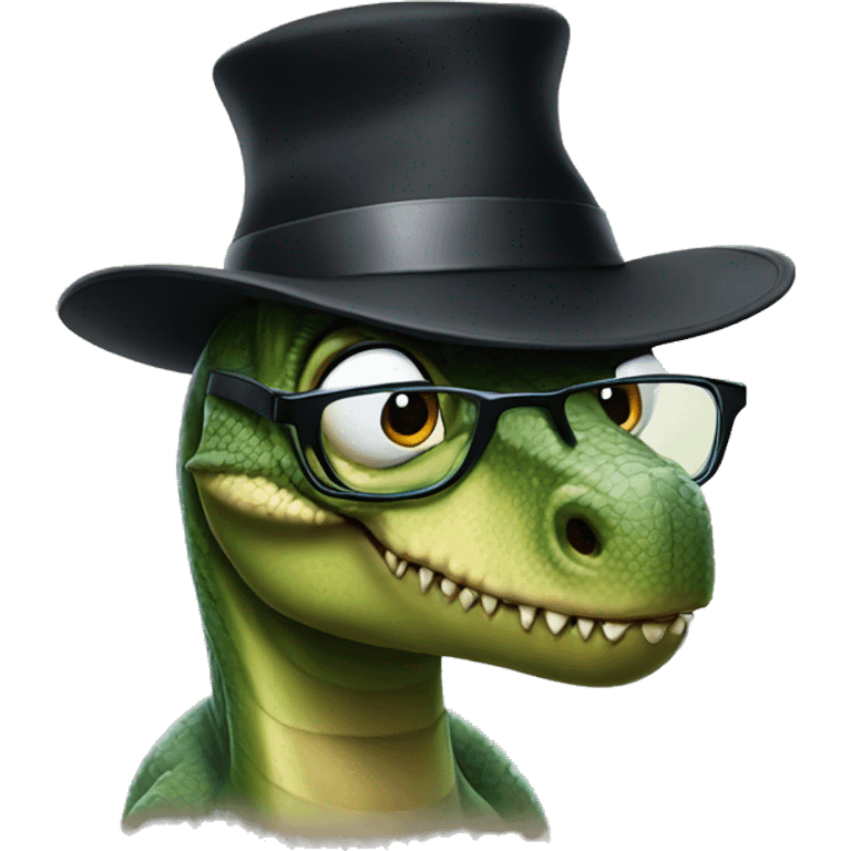 Dinosaur wearing a black hat with glasses emoji