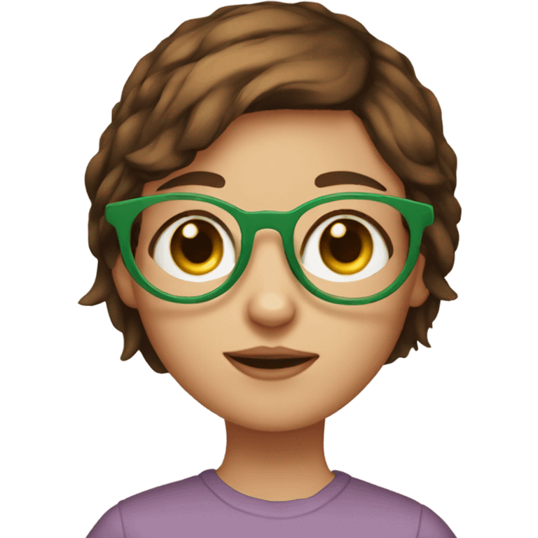 Girl with short brown hair and green eyes and circular glasses holding orange cat emoji