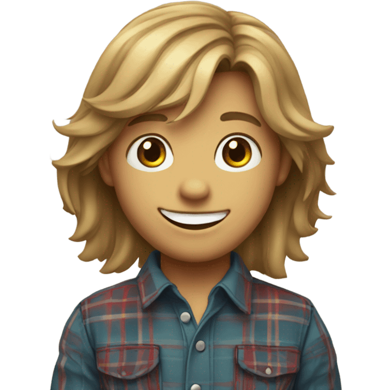 smiling boy with long hair in plaid shirt emoji