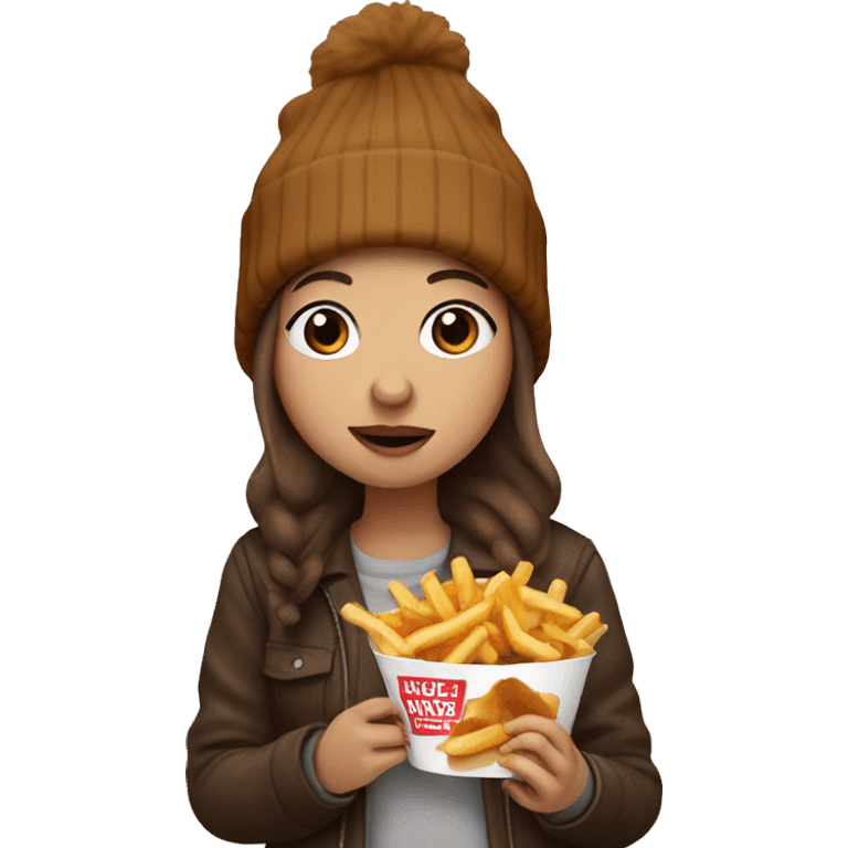 Girl with brown hair and a beanie on eating a poutine emoji