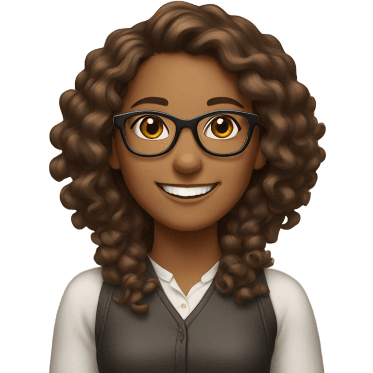 Brown girl with brown long curly hair with glasses and make her happy emoji