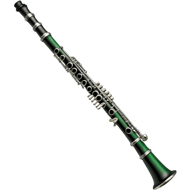 Create an elegant and refined emoji representing A clarinet. The design should showcase the sleek, black wood finish of the clarinet with its shiny metal keys and elegant detailing. Include the distinct, high-quality features of the Green Line model, such as the unique greenish tint of the wood, giving it a modern and sophisticated look. Add subtle elements like the mouthpiece with the reed, emphasizing its importance in sound production. Use dark tones like ebony, silver for the keys, and soft light reflections to evoke a professional, classical feel. The background should be transparent. emoji