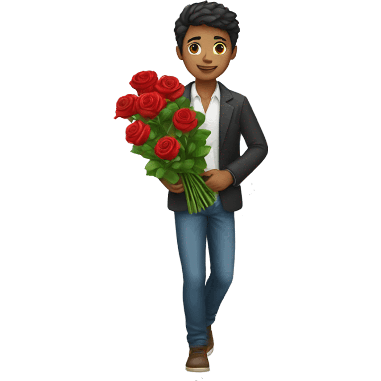 Young man with social cloths carrying a bouquet of red rose flowers emoji