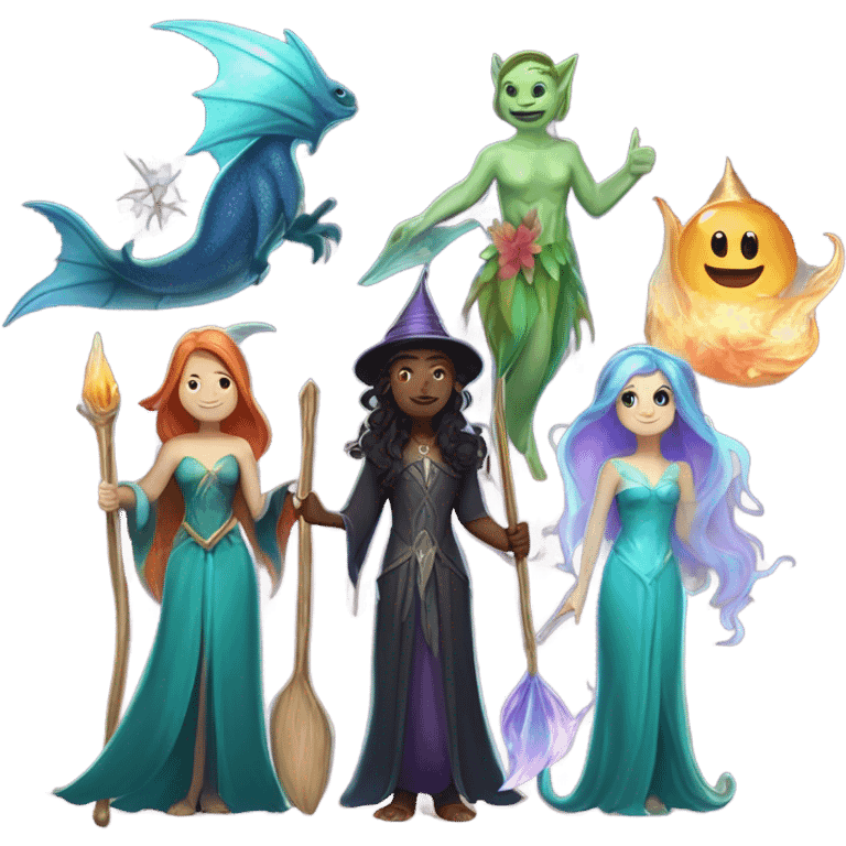 A group of 5 friends, consisting of a female witch, a female wizard, a male merman, a female fairy, and a female siren emoji