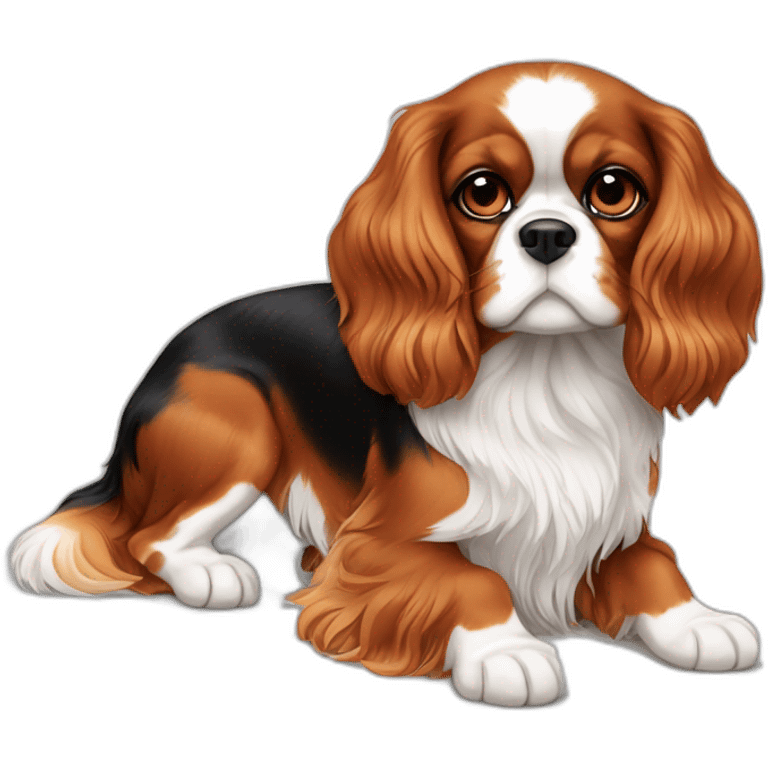 Tri-color Cavalier King Charles spaniel sitting full body emoji