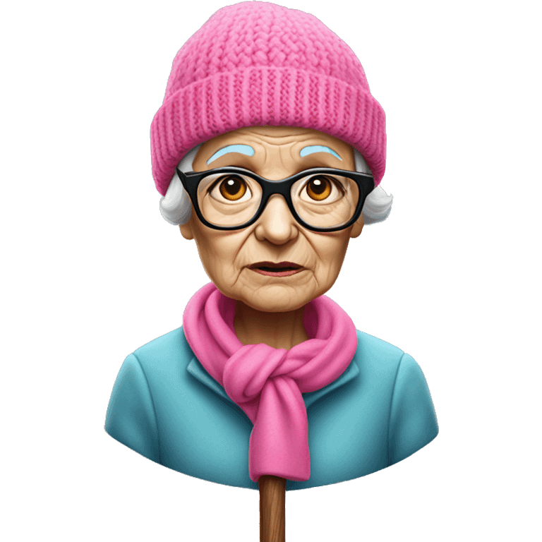 old lady with a hot pink beanie, no hair, baby blue coat, a wooden cane and thin rectangular glasses frowning emoji