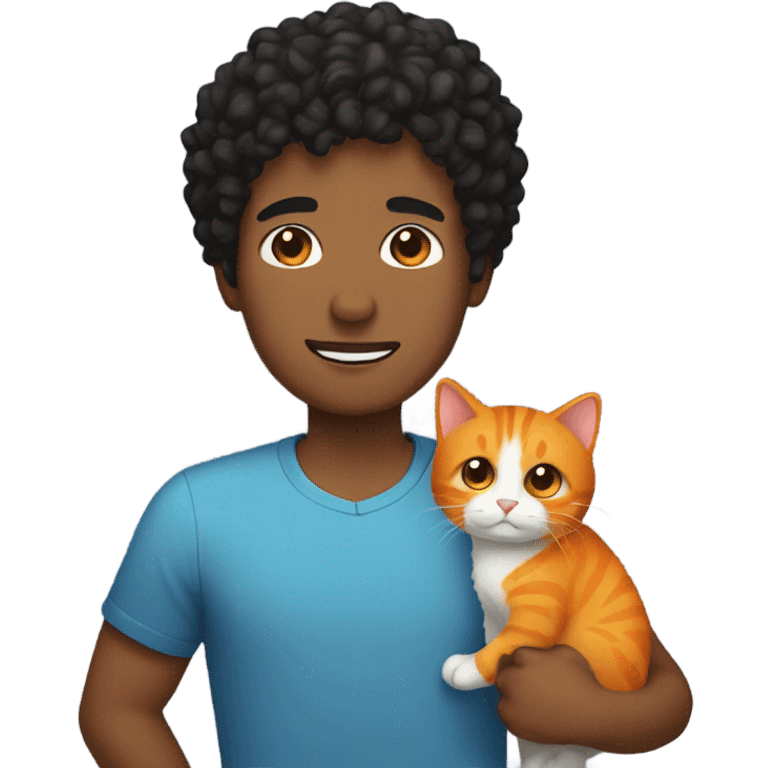 Guy with short black curly hair holding a orange cat emoji