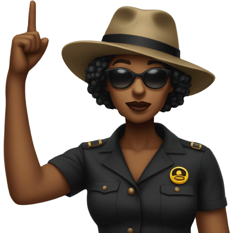 A black female revolutionary in dark shades and a small hat with raised fist! emoji