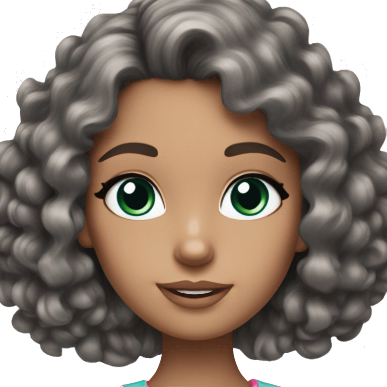 A brunette girl with green/blue/grey eyes and curly hair that has a pink bow in her hair and looks like a barbie emoji