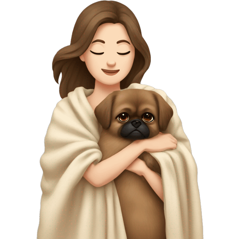 A Women with brown hair is cradling her Pekingese in a beige blanket emoji