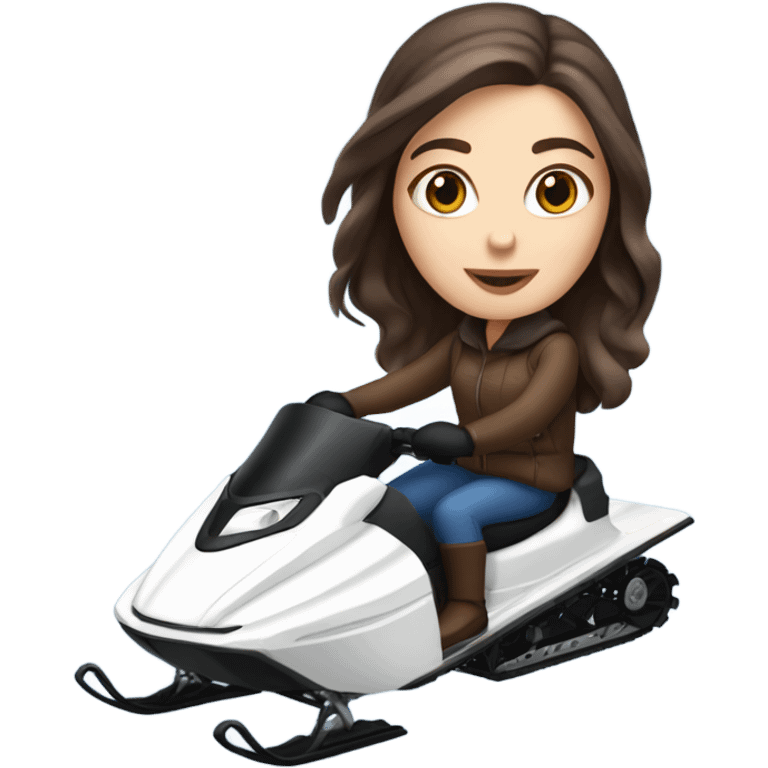 White girl with dark brown hair and blue eyes riding a snow mobile emoji