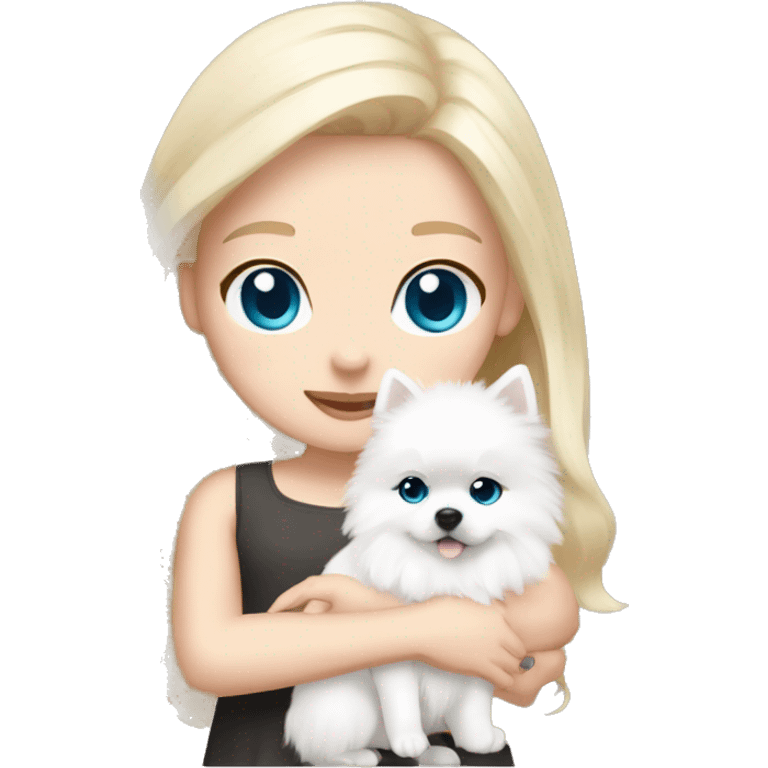 Blond girl white skin blue eyes hugging white Pomeranian with light pink bow emoji