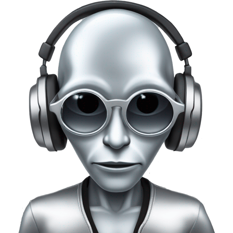 serious silver humanoid alien, being a DJ, with very cool and modern sunglasses, the silver lens of the glasses emoji