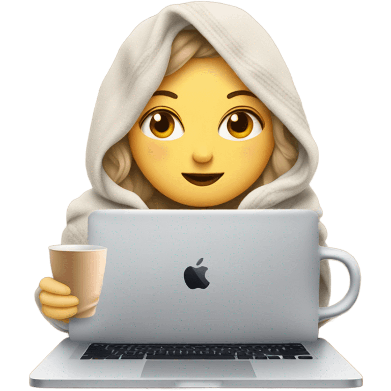 White Girl drinking tea with blanket on a macbook emoji