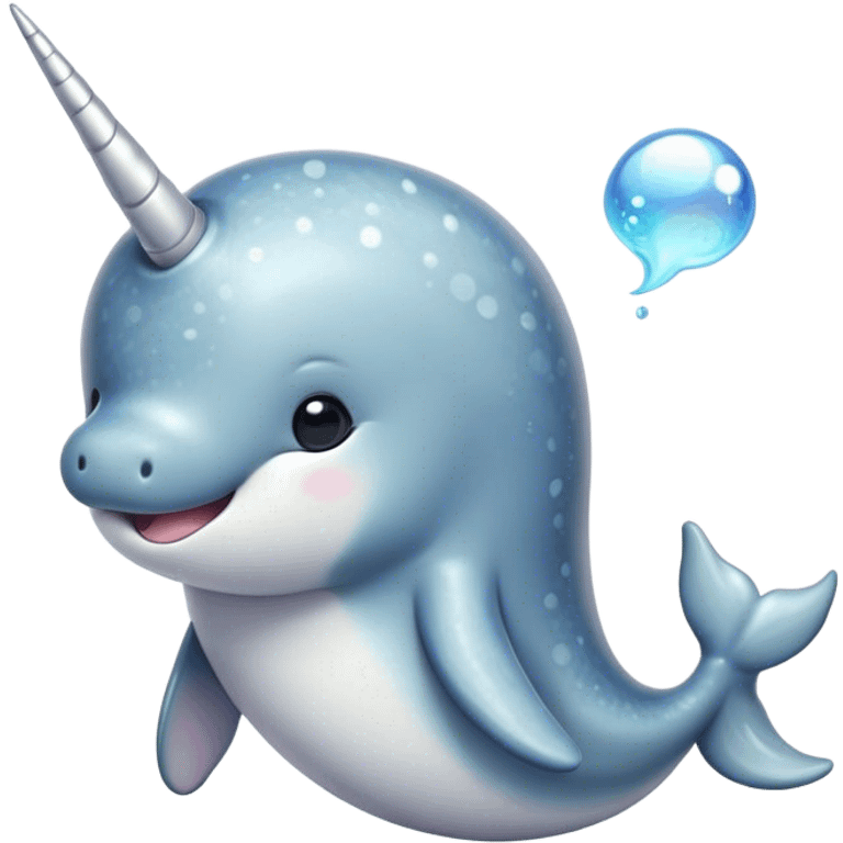 Cinematic Cute Narwhal Portrait Emoji, Head tilted playfully and inquisitively, showcasing a sleek, streamlined body with subtly iridescent, mottled gray skin and a prominently spiraled ivory tusk, complemented by round, sparkling eyes full of gentle wonder, Simplified yet irresistibly adorable features, highly detailed, glowing with a warm, friendly arctic glow, high shine, affectionate and lively, stylized with a touch of whimsical marine charm, soft glowing outline, capturing the essence of a mischievous yet loving narwhal that seems as if it could frolic out of the screen into your heart! emoji