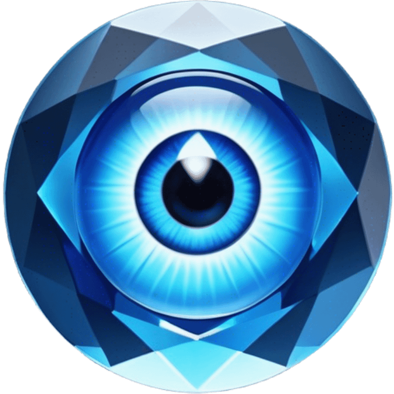 Cinematic Realistic image of a glass Evil Eye blue stone, rendered with translucent, luminous blue hues and finely cut facets that catch soft reflective light, set against a dark, minimalist backdrop to emphasize its mystical allure. emoji