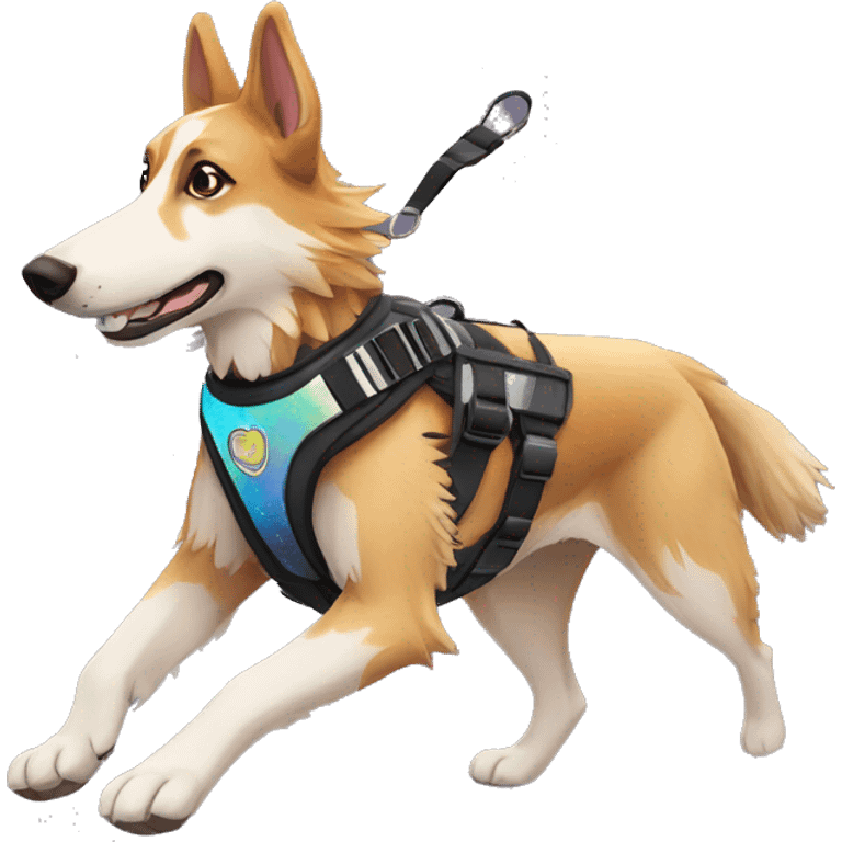 Fluffy dog saluki German shepherd husky with tattoos and holographic harness running emoji