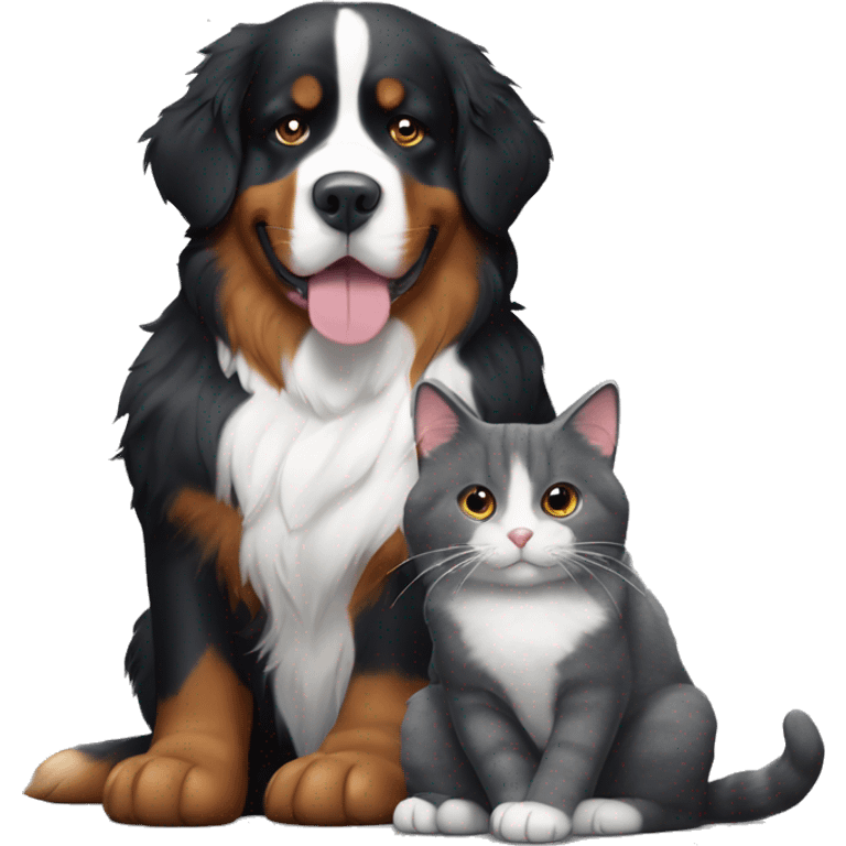 A Bernese Mountain Dog lies next to a dark gray cat emoji