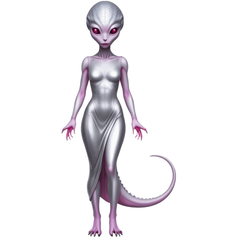 alien reptilian woman in silver dress, full body pink eyes emoji