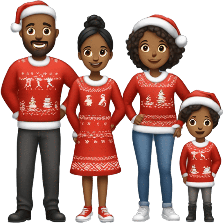 A Black family of four  members with Dad, Mom, Son, and Daughter. The son stands next to Mother. The Daughter stands next to Father. All family members are wearing Christmas sweaters and Santa hats.  emoji